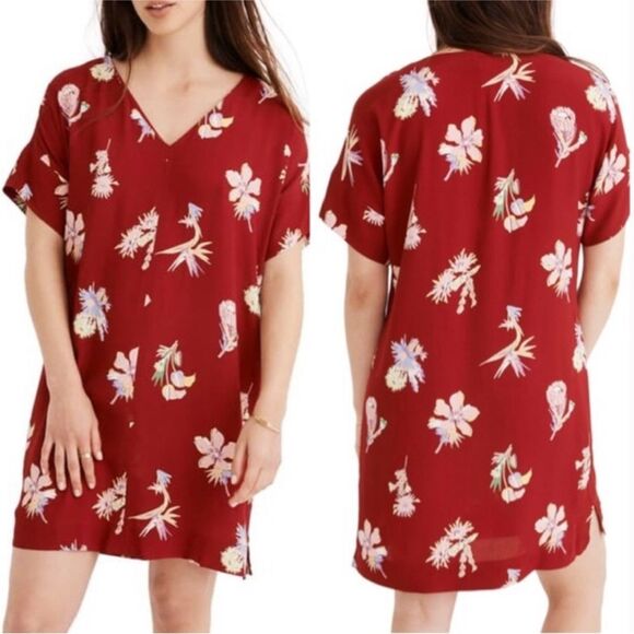 Madewell Novel Bird of Paradise V Neck Shift Dress Red Floral Women’s Medium - Picture 1 of 11